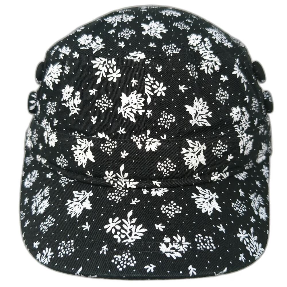 Forever 21 Army Cap Black White One Size Floral Pattern Elastic Side Buttons Hat